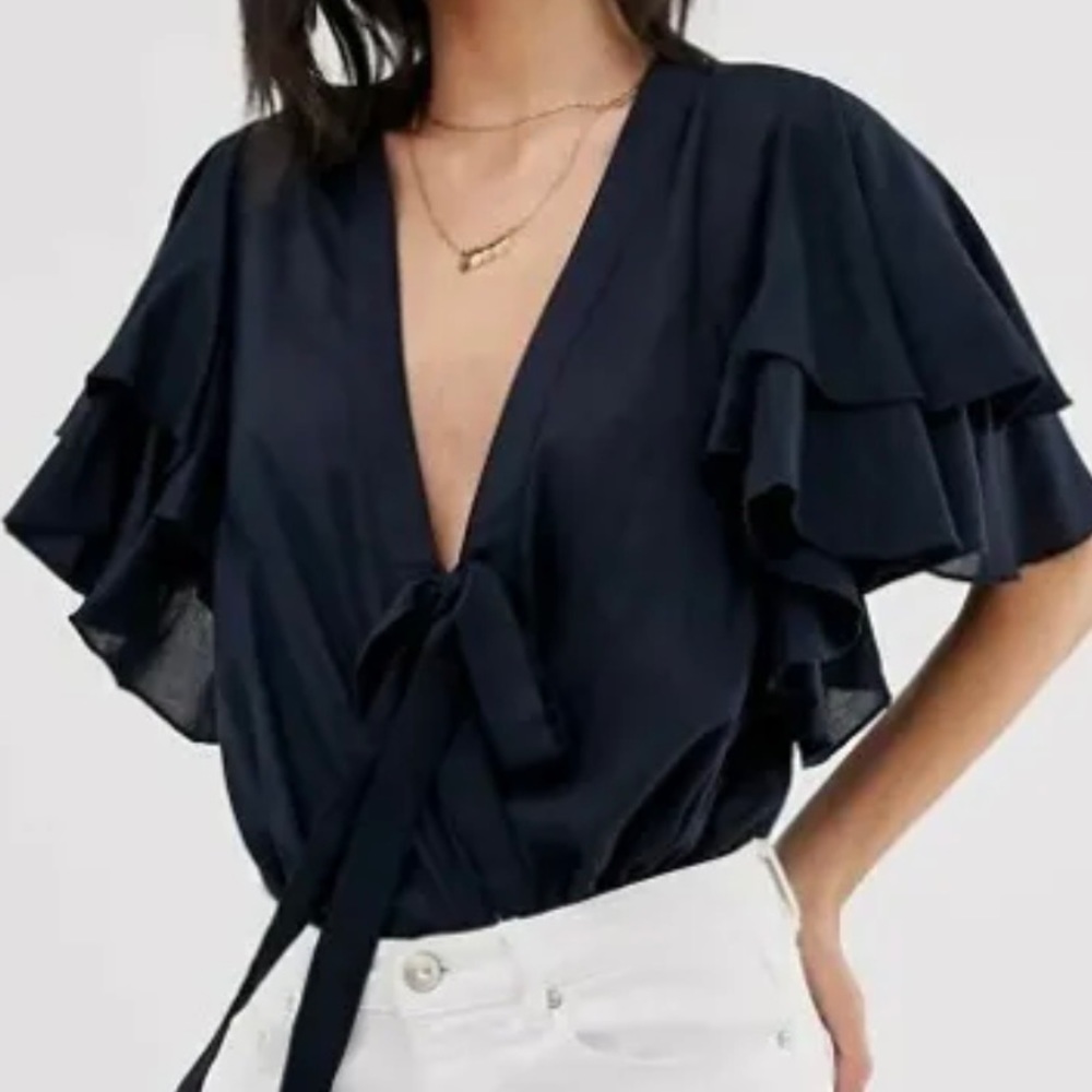 Free People Black Ruffle Sleeve Bodysuit